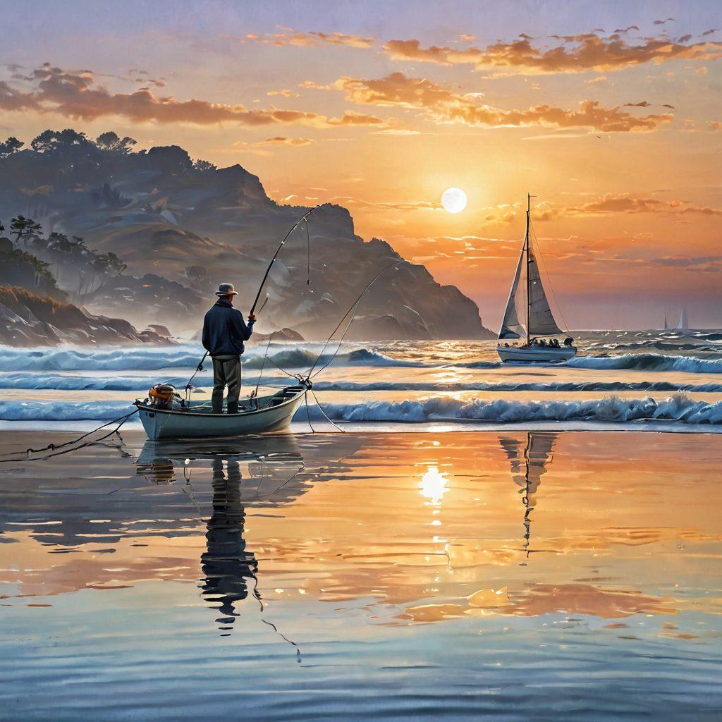 A serene coastal scene showcasing a fisherman at the shore casting his line, transitioning into a sleek sailboat sailing gracefully on calm waters. The background features a blend of dawn's soft light illuminating the ocean waves, symbolizing the journey from fishing to sailing. Add nautical elements like ropes and buoys scattered artistically around the scene. super-realistic. vibrant colors. airy atmosphere.