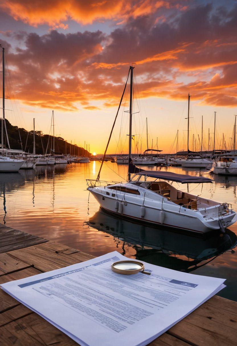 A serene marina during golden hour, featuring various boats and yachts with reflective calm waters. In the foreground, a hand holding a magnifying glass over a marine insurance policy document, symbolizing scrutiny of investments. In the background, a vibrant sunset casting warm colors over the scene, suggesting safety and serenity. Elements of risk such as storm clouds rolling in can be subtly included in the distance. super-realistic. vibrant colors. dramatic lighting.