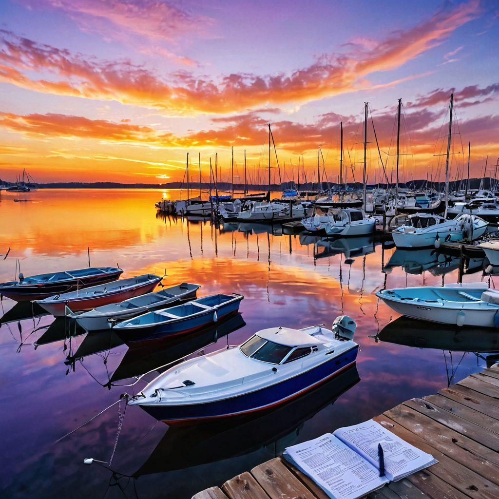 A serene marina scene at sunset, featuring a variety of boats, from sailboats to motorboats, gently bobbing in the water. In the foreground, a person reviewing a boat insurance policy with a pen in hand, surrounded by the tranquil beauty of the marina. The sky is painted with warm hues of orange and purple, reflecting on the water's surface. Include elements such as a calculator and a laptop to suggest careful consideration. vibrant colors. super-realistic.